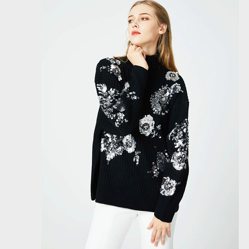 Embroidery Silver Sequins Women' Winter Knitted Black Long Sleeve Pullover