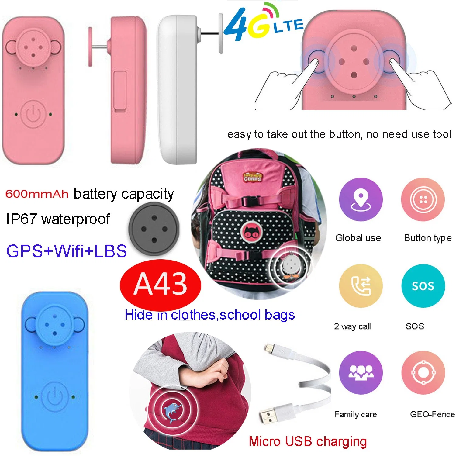 New Design 4G IP67 Waterproof Real Time Google Map Tracking Hidden Mini Tracker GPS for Kids Students with No Disturbing in Class A43