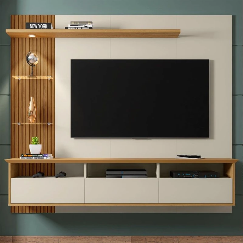 Plaques de bois blanc moderne, supports en acier inoxydable, table basse, meuble TV.