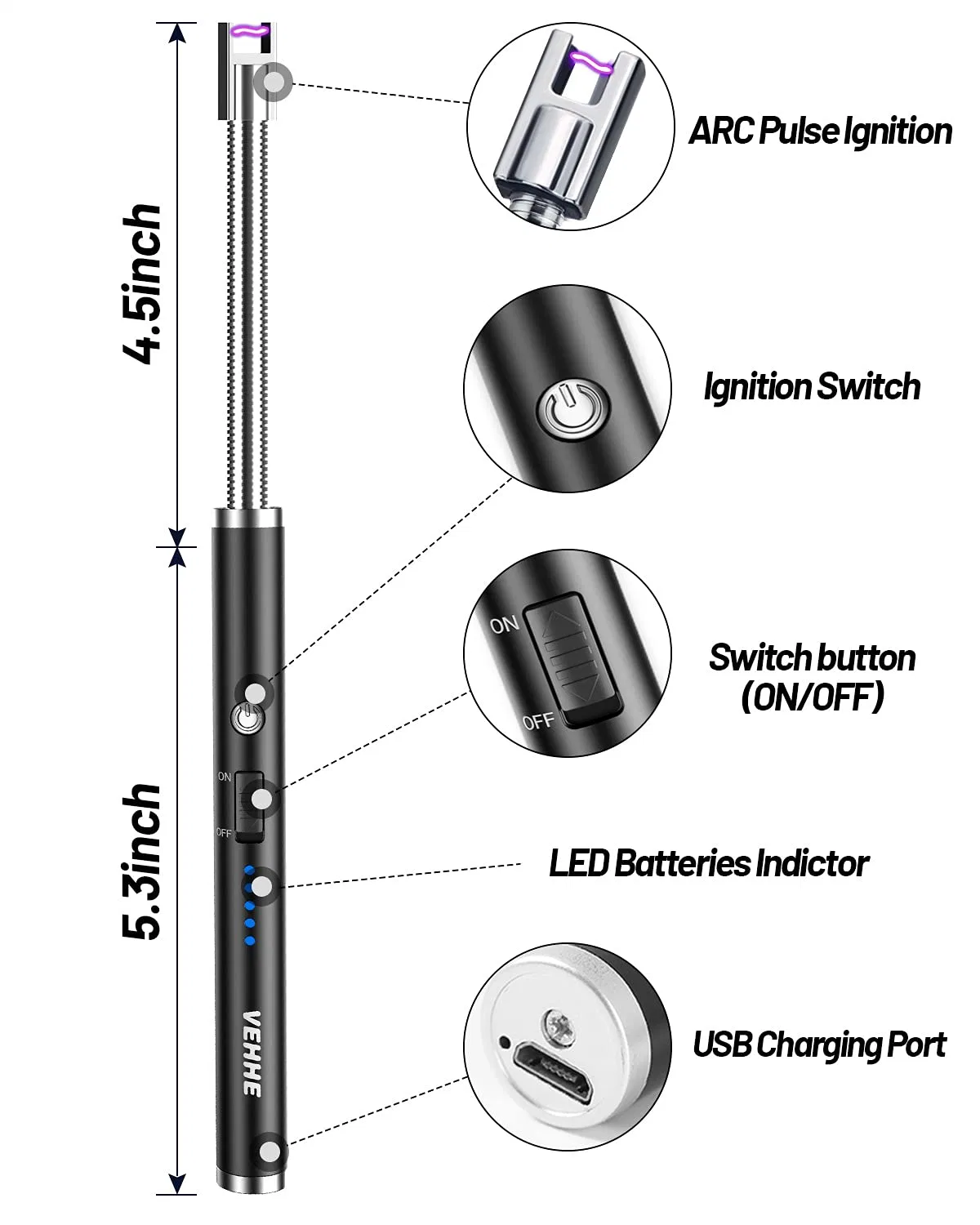 Candle Lighter, Electric Rechargeable Arc Lighter with LED Battery Display Long Flexible Neck USB Lighter for Light Candles Gas Stoves Camping Barbecue