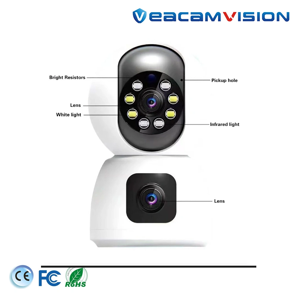 Seguridad 2,4GHz WiFi Dual Lens Interior con Visión nocturna y. Detección de movimiento Ai Human Track Cámara de seguridad CCTV inteligente Binocular