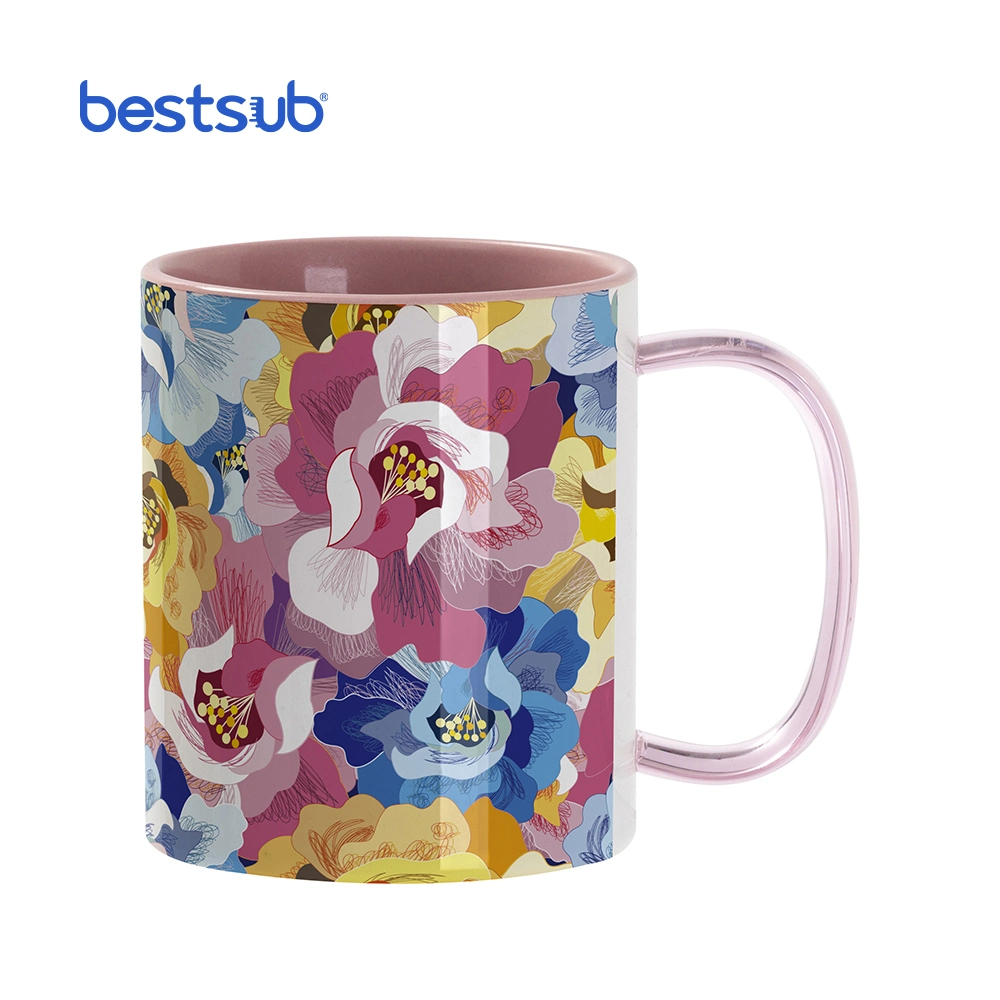 Bestsub Wholesale/Supplier Sublimation Blanks 11 Oz Promotional White Ceramic Mug Two-Tone Color Mug (Pink Glass Handle)
