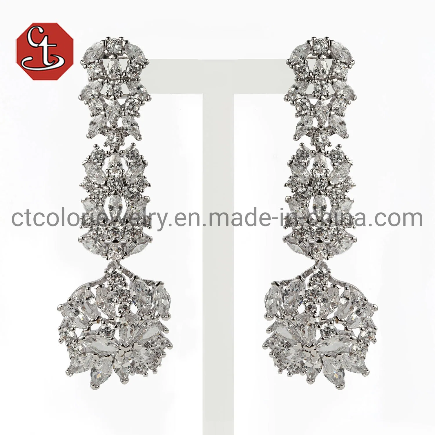 Dazzling Crystal CZ Pave Setting Silver Earrings Luxury Party Jewelry Sets