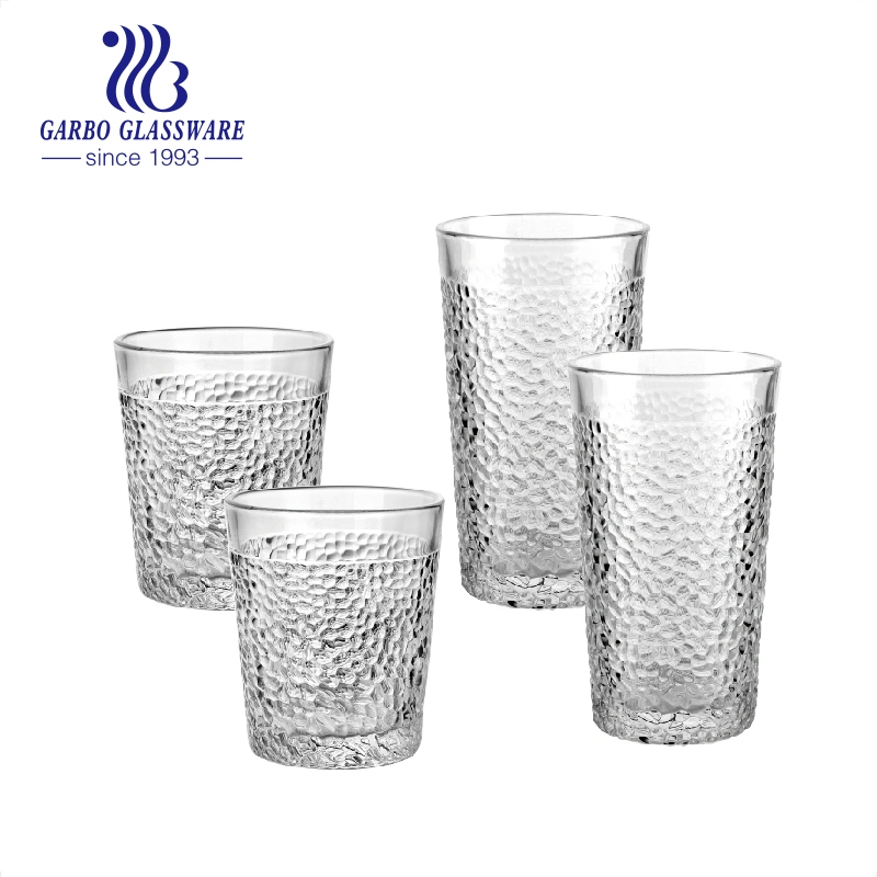 Fabricado en China Stock 14oz vasos de cristal Honeycomb Enbossed Whiskey Whiskey de bloqueo de diseño de gafas gafas Gafas de la barra de clara de la Copa de Ron Tequila Vodka