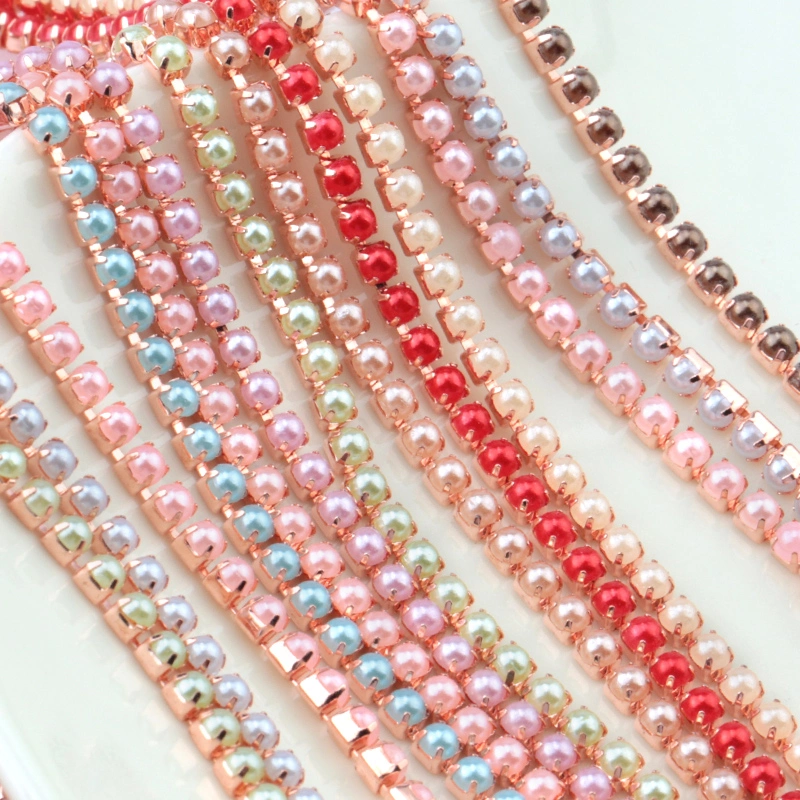 Ss8 Pearls Rhinestones Chain Colorful Round ABS Pearls Chain Gold Base Cup Beauty Accessories for DIY Garments