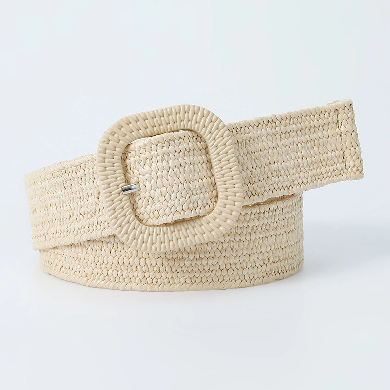 Fashion Simulation Straw Woven Elastic Stretch Waist Belt Women Skinny Dress Belt Wooden Style Buckle Waist Dress Belt