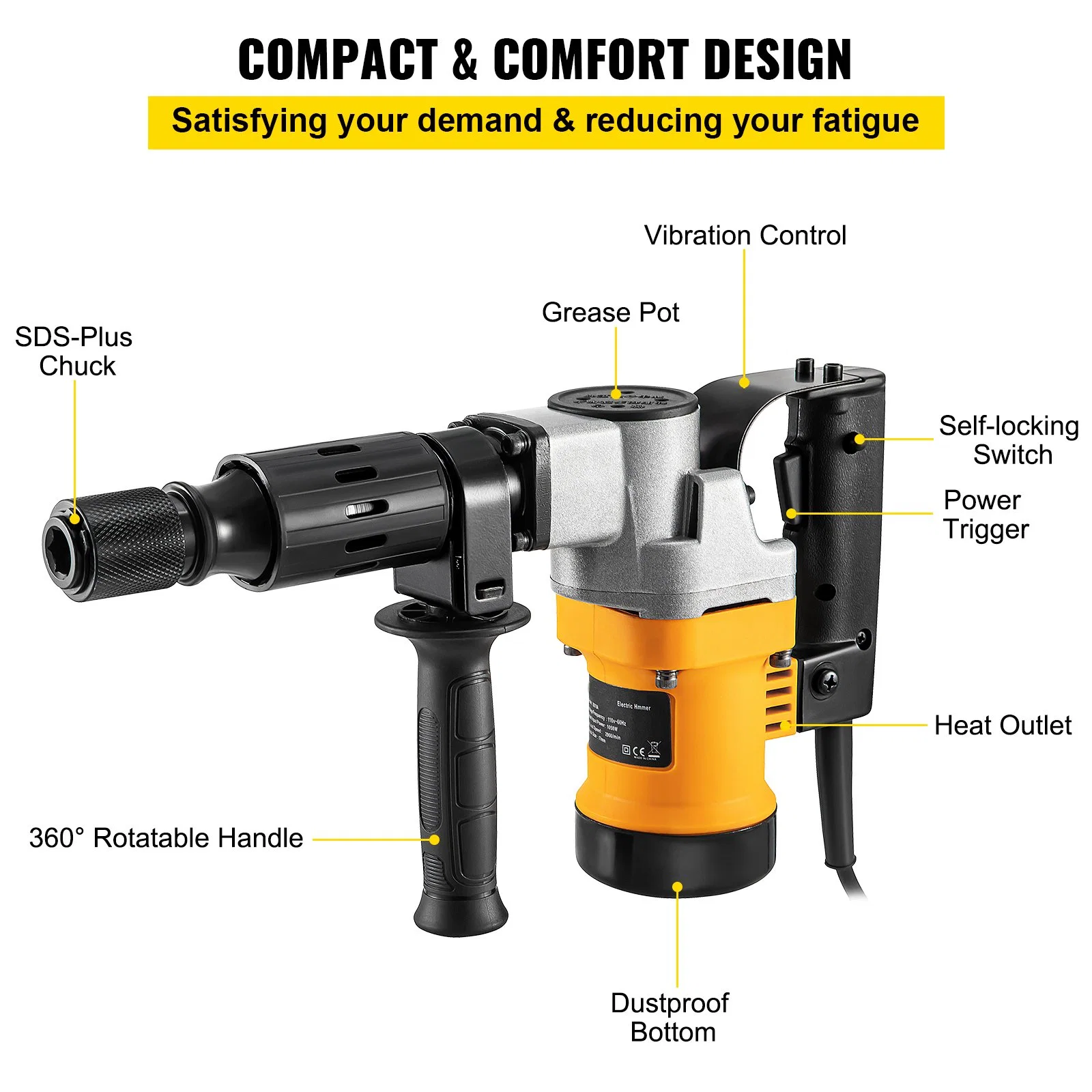 Electric Strong Power 1050W Concrete Demolition Breaker Machine Jack Rotary Hammer Drill