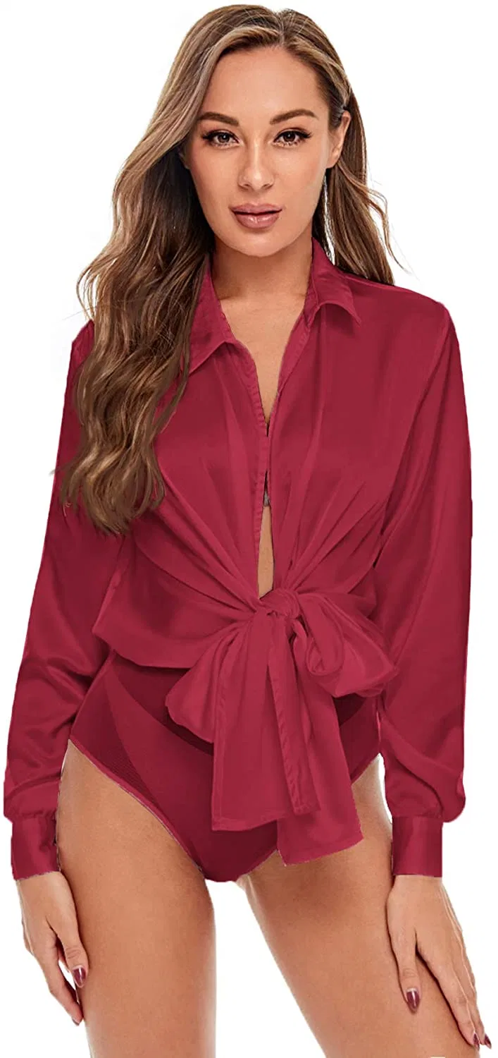 Women Bow Tie Satin Bodysuit Plunging Neck Sexy Long Sleeve Blouse Top Apparel