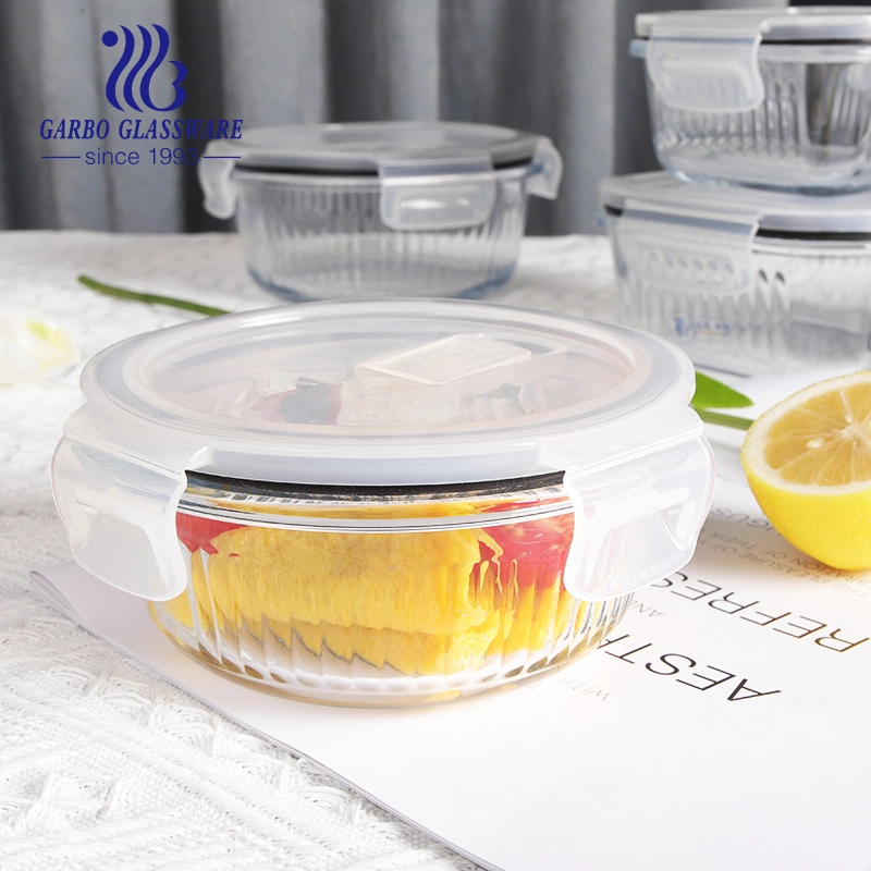 Round Square High Borosilicate Microwave Use 3PCS Glass Bowl Set Ribbed Glass Food Container Lunch Box