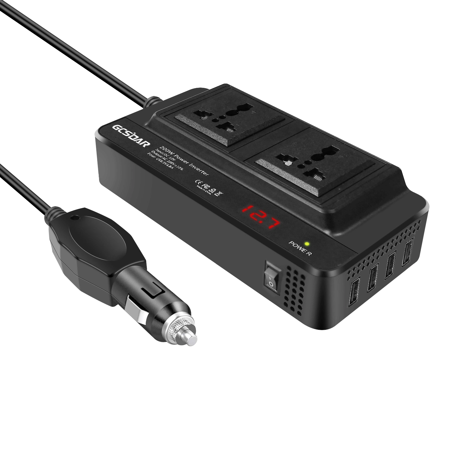 Gcsoar Car Inverter Tomada Dupla Universal 4 Saídas USB 12V 200W Inversor de Veículo com Segurança