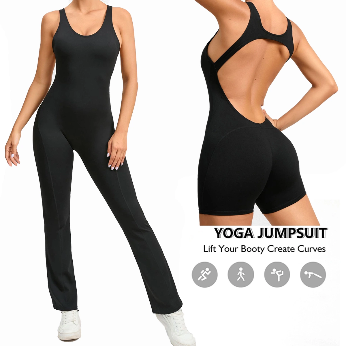 Hot-Sale New Summer Sexy Backless Dance Leotard Sports Clothing for Women, Customized Logo Buttock Lift Tummy Control Flared Yoga Pilates Fitness Jumpsuits