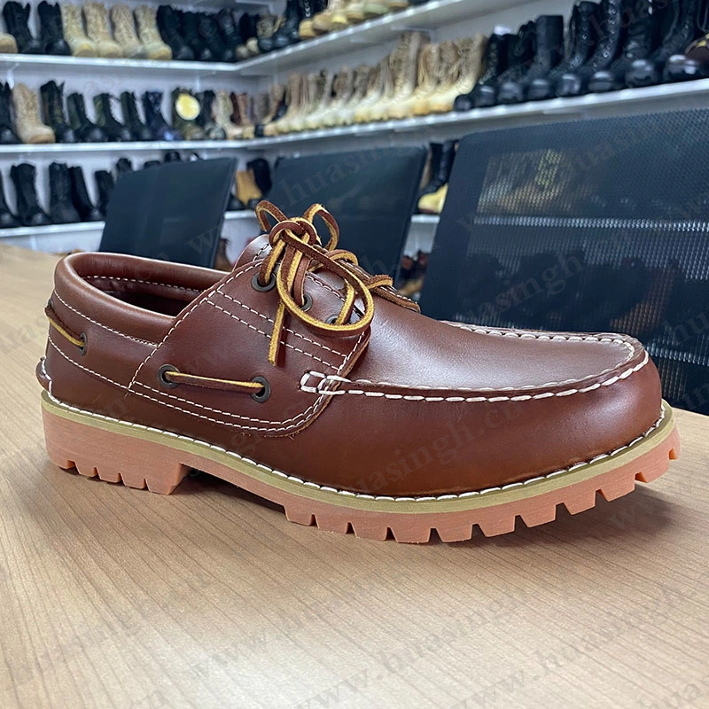 CMH, Spain Market Popular Hand Crafted Full Leather Rubber Sole Brown Boat Shoes Hsw060