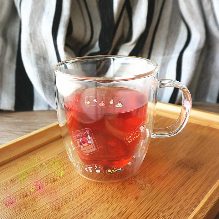 أواني زجاجية مزدوجة من كأس الشاي الزجاجي مع مقبض (مقاوم للحرارة)