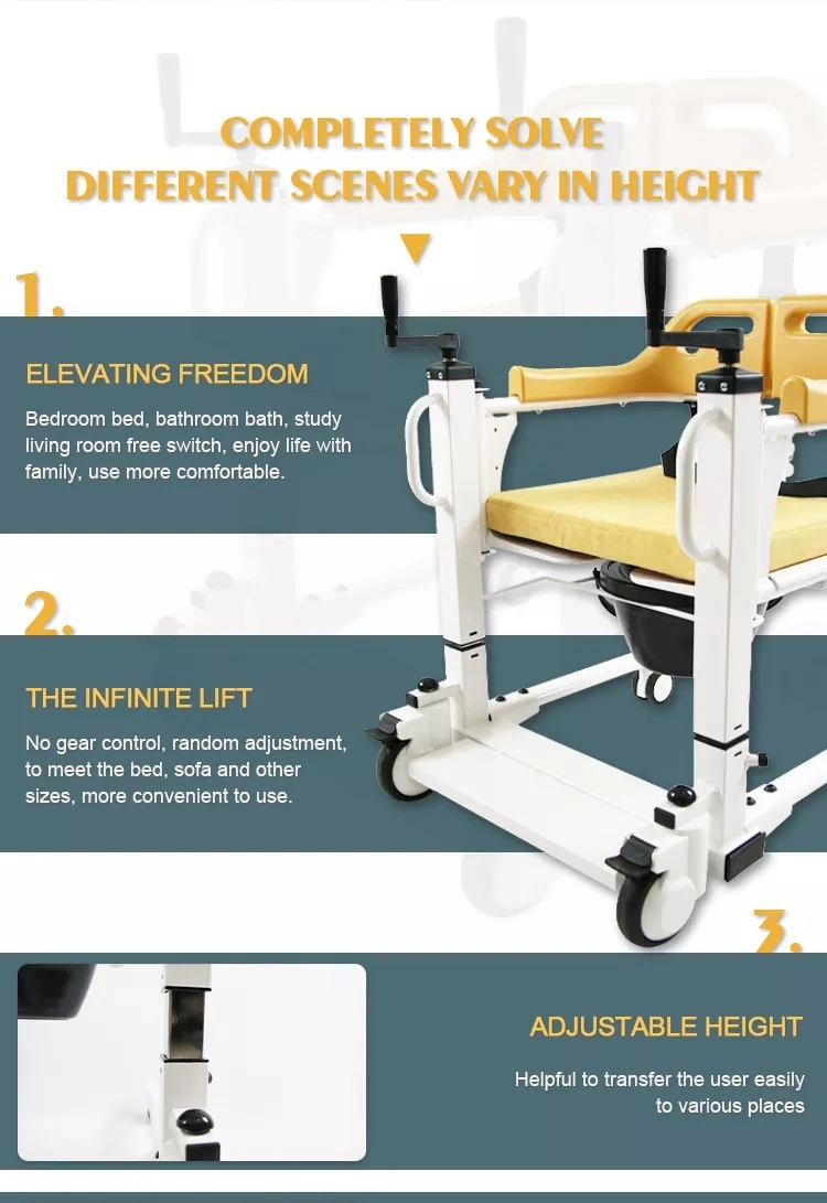 Chaise de transfert de patient pliante en aluminium avec commode, chaise de transfert multifonctionnelle pour les soins infirmiers, fauteuil roulant manuel de transfert.