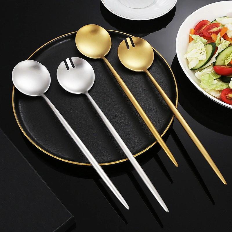 Coreano de qualidade Matte Gold Hotel Buffet que serve Fruit Cutlery Suporte longo para salada de aço inoxidável e garfo