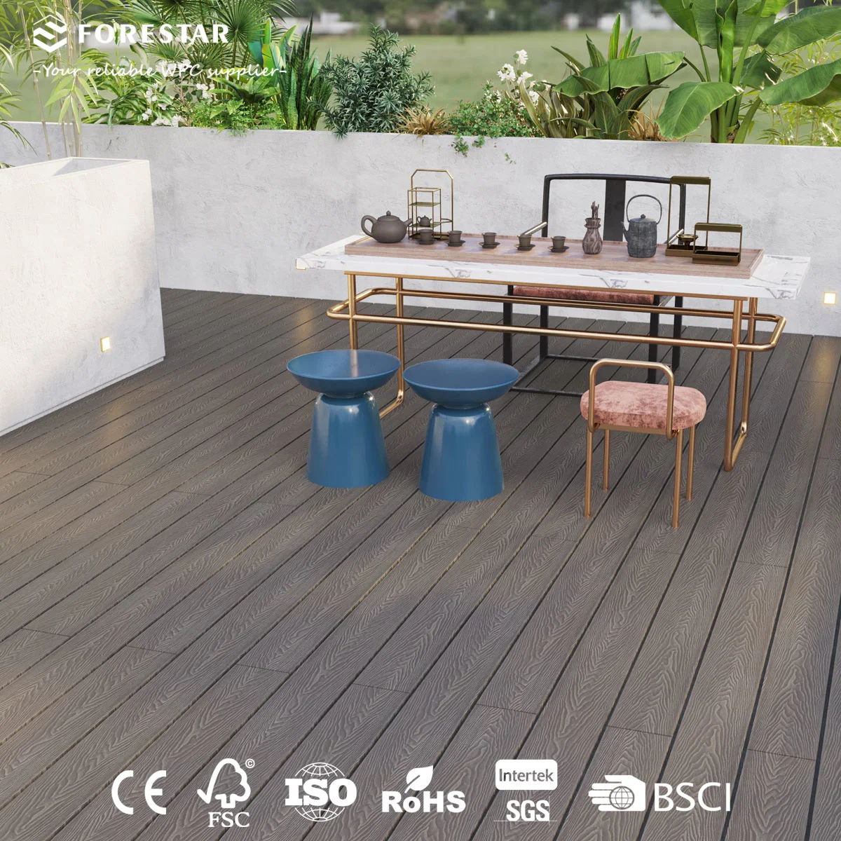 Madera resistente al agua plástico compuesto WPC Decking Jardín exterior 3D Embossed Amplios pisos más amplios