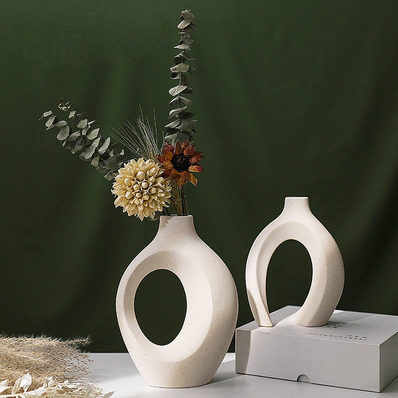 Hohlkeramik Vase Set von 2 für moderne Wohnkultur, Weiß Boho Donut Vasen Nordic minimalistisch Dekorative Vase für Tisch Herzstück Hochzeit Esszimmer Wohnzimmer