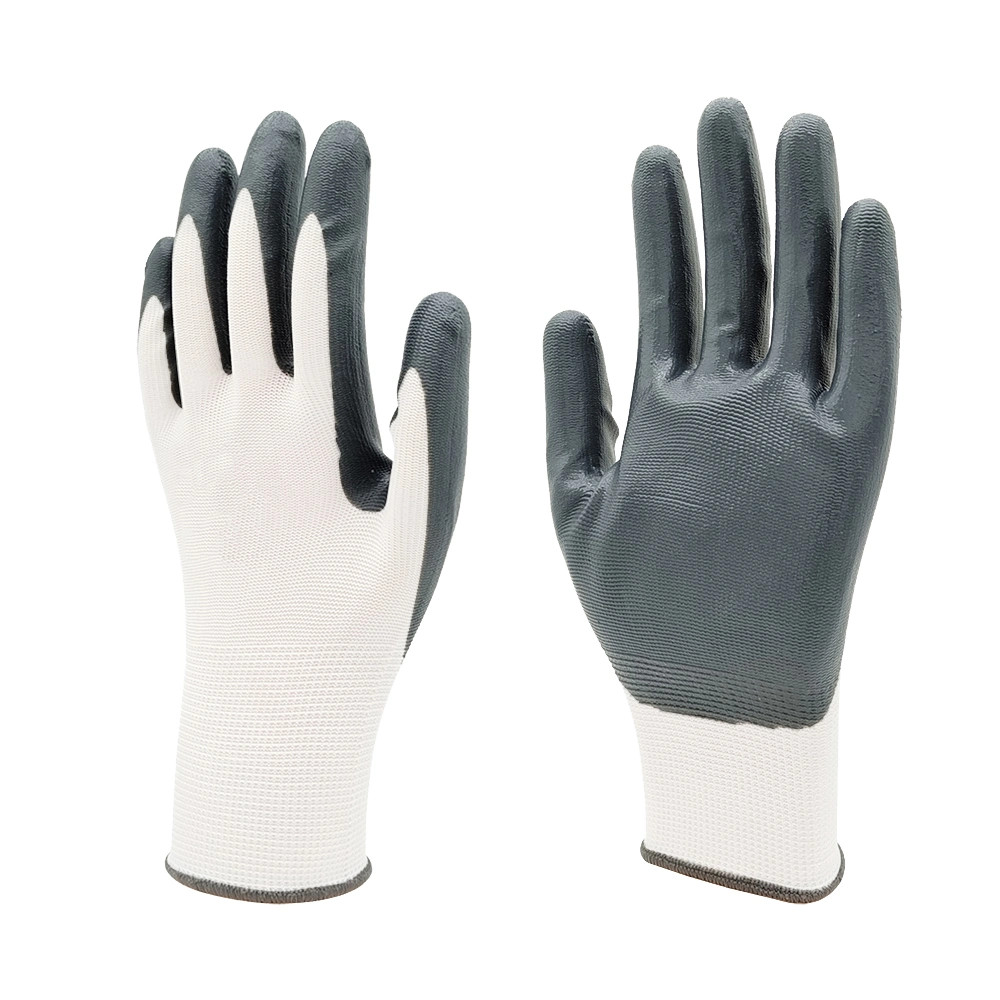 Usine de vente directe de gants de travail de sécurité protecteurs pour la construction industrielle, avec doublure en polyester de calibre 13 et paume en nitrile enduite de gris