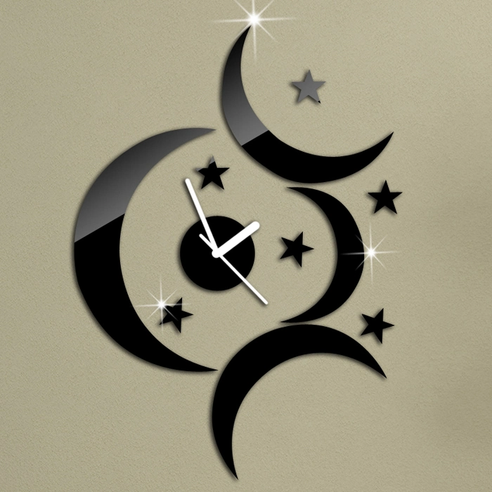 Black 4 Moons Stars Mirror Wall Clock Decorative Sticker