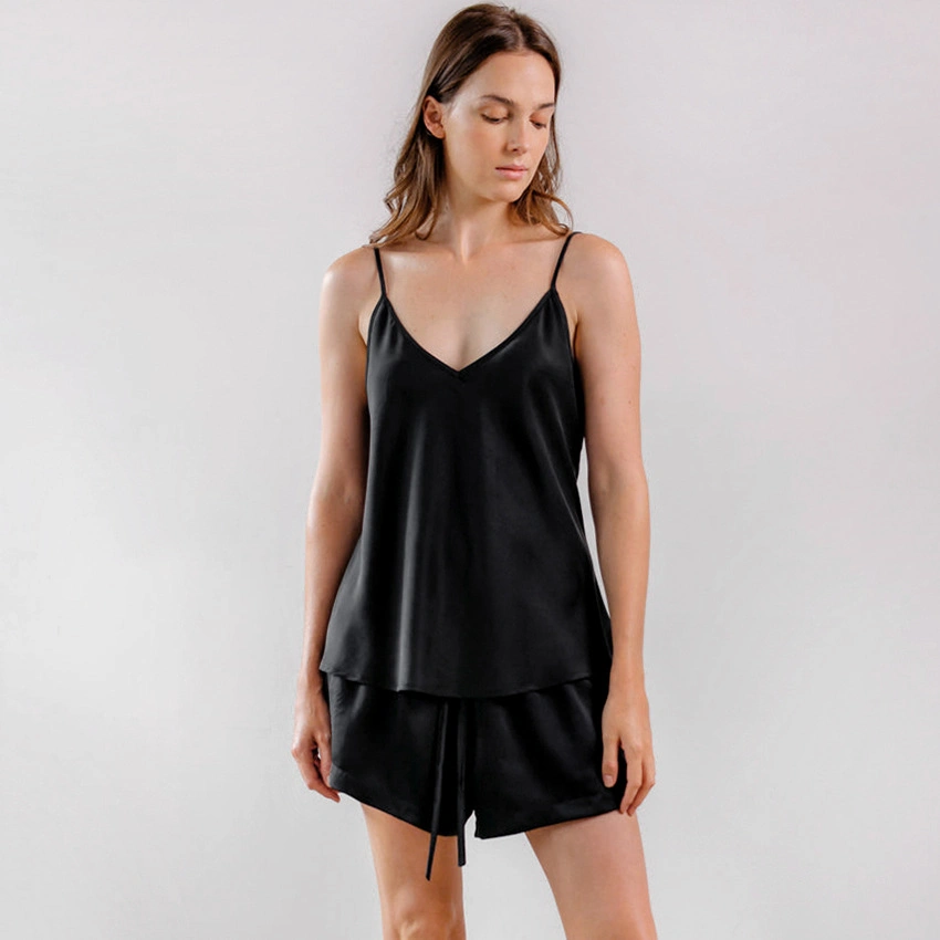 2023 Summer Lounge Wear Loose Sets Women Shorts Black Satin Silk Pajamas V Neck Tank Top Pajamas