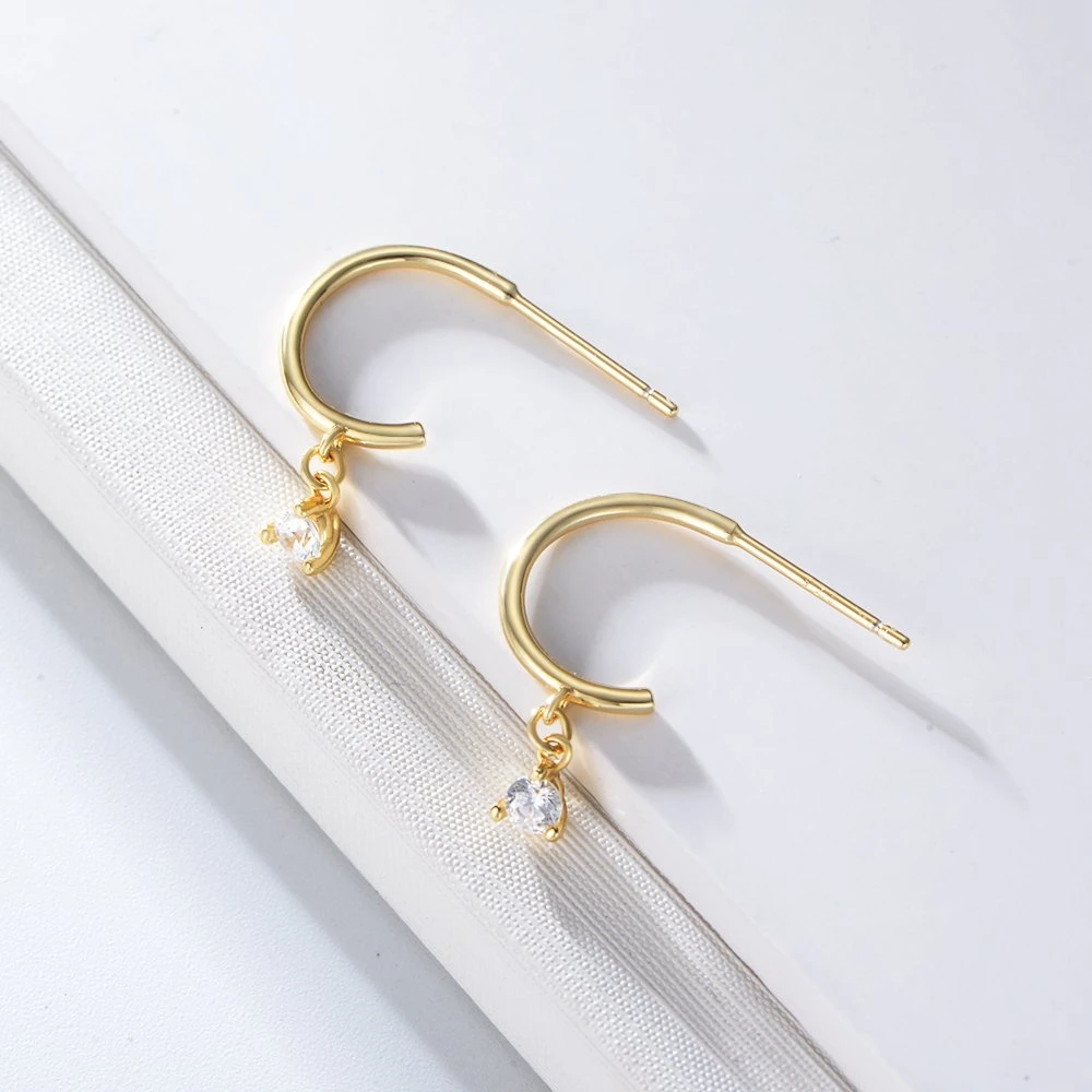 Women S925 Sterling Silver Simple Hanging Drop Gold Plated Earrings Zircon Gold Jewelry Custom