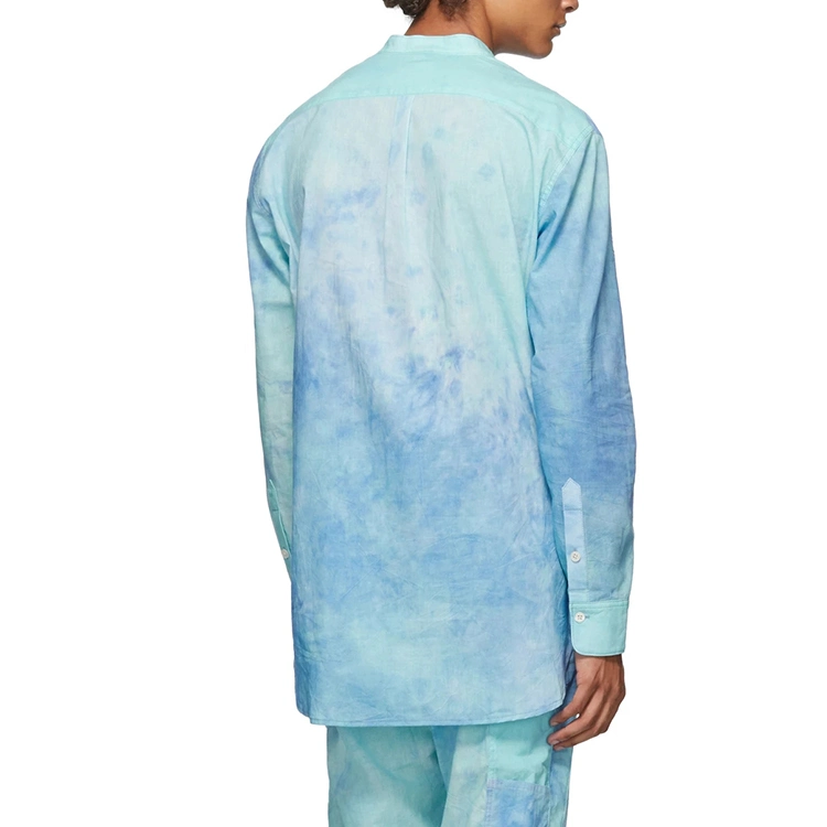 New Arrival Plus Size Sky Blue Tie Dye Printed Round Neck Long Sleeve Button Woven Shirt for Men