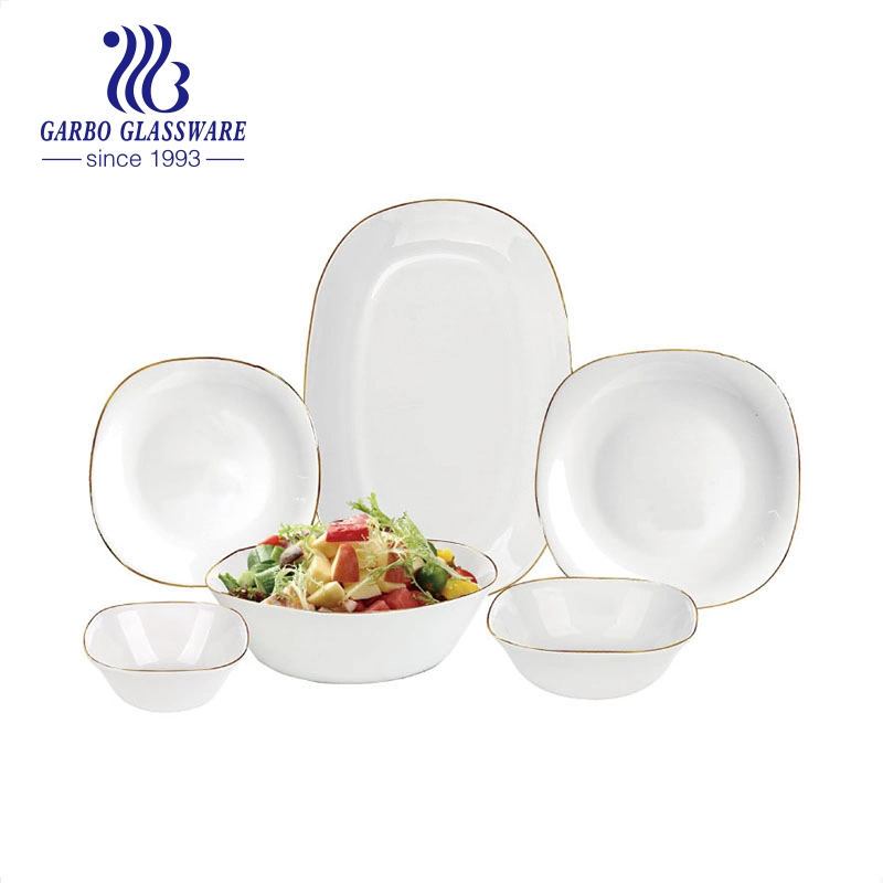 Hot Selling 75 PCS Set White Suqare Shape Opal Glass Dinnerware Set with Customized Decal Printing Designs Opal Glassware Sets with Plates Bowls Pots Mugs Jars