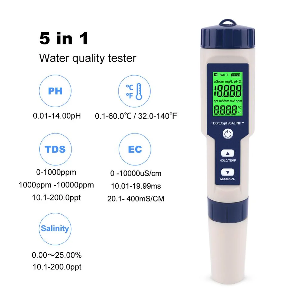 Ez9909A 5 en 1 Testeur de qualité de l'eau pH/TDS/Ec/Salinité/Température pour aquarium.