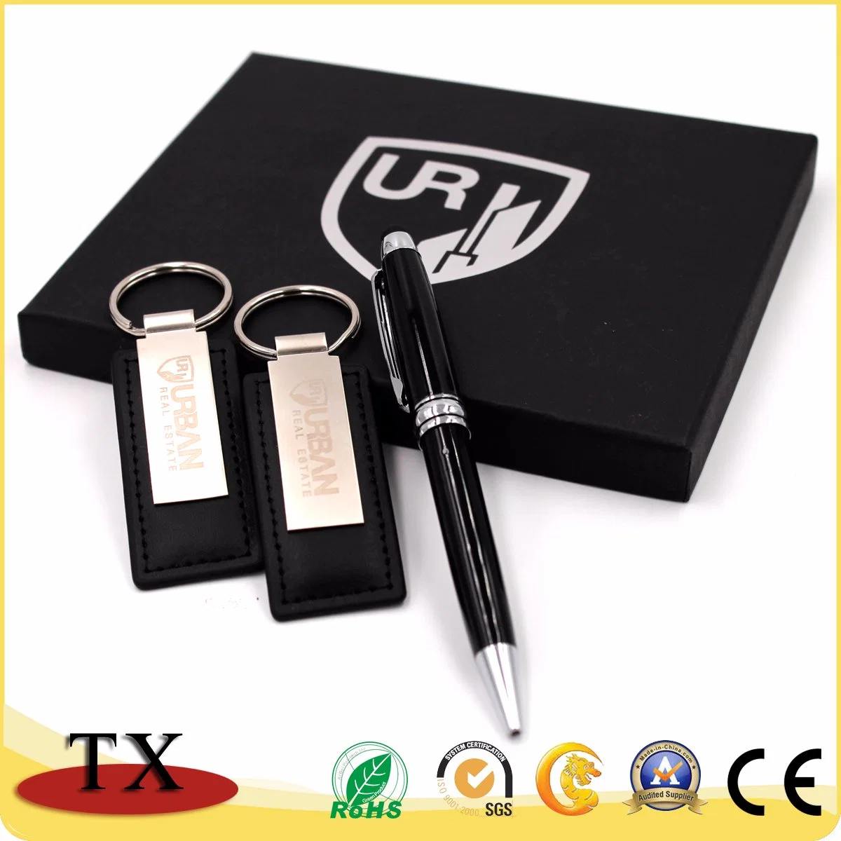 Special Metal Leather Key Chain with Metal Clip and Pen