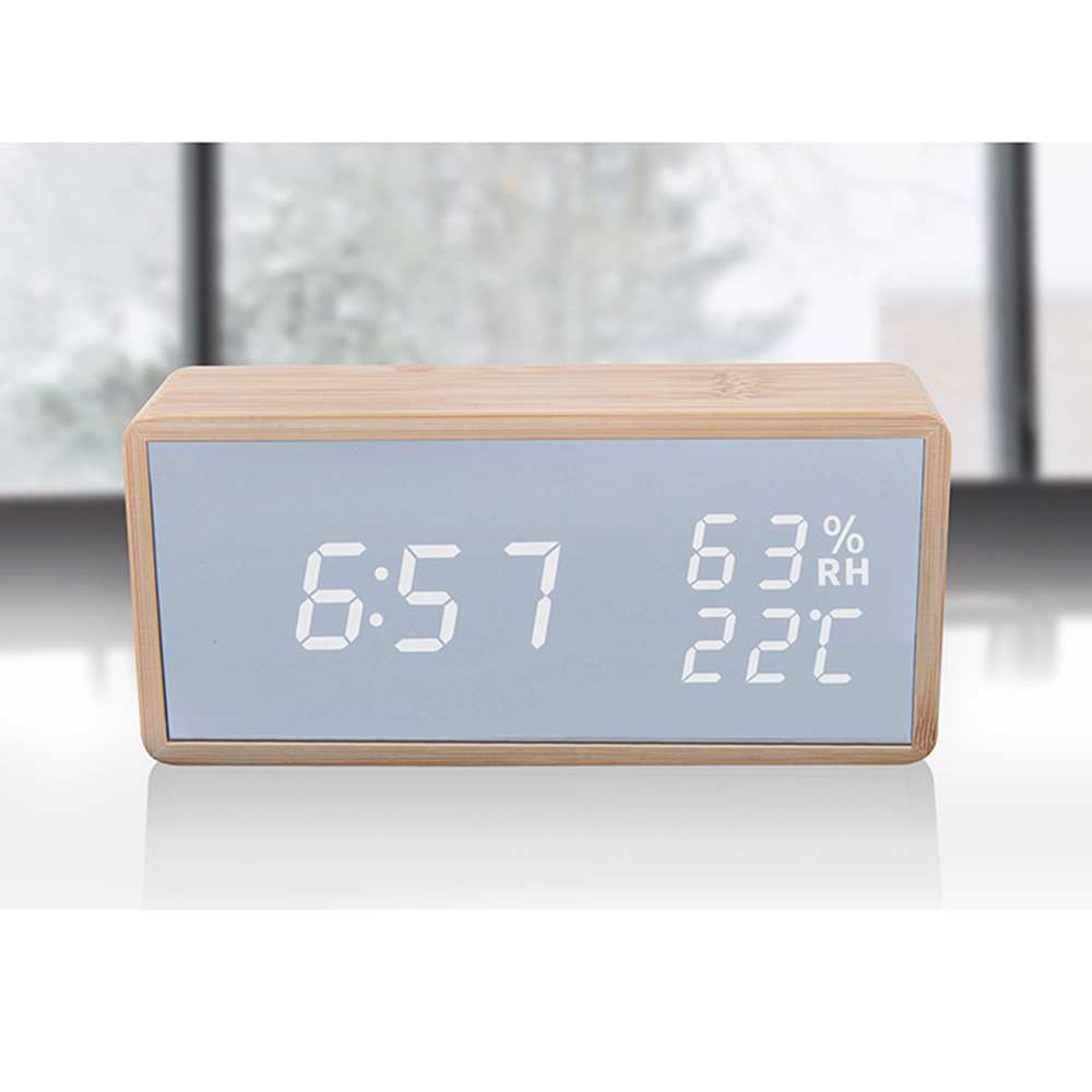 Desktop Bamboo Mirror with LED Humidity and Temperature LED Alarm Clock