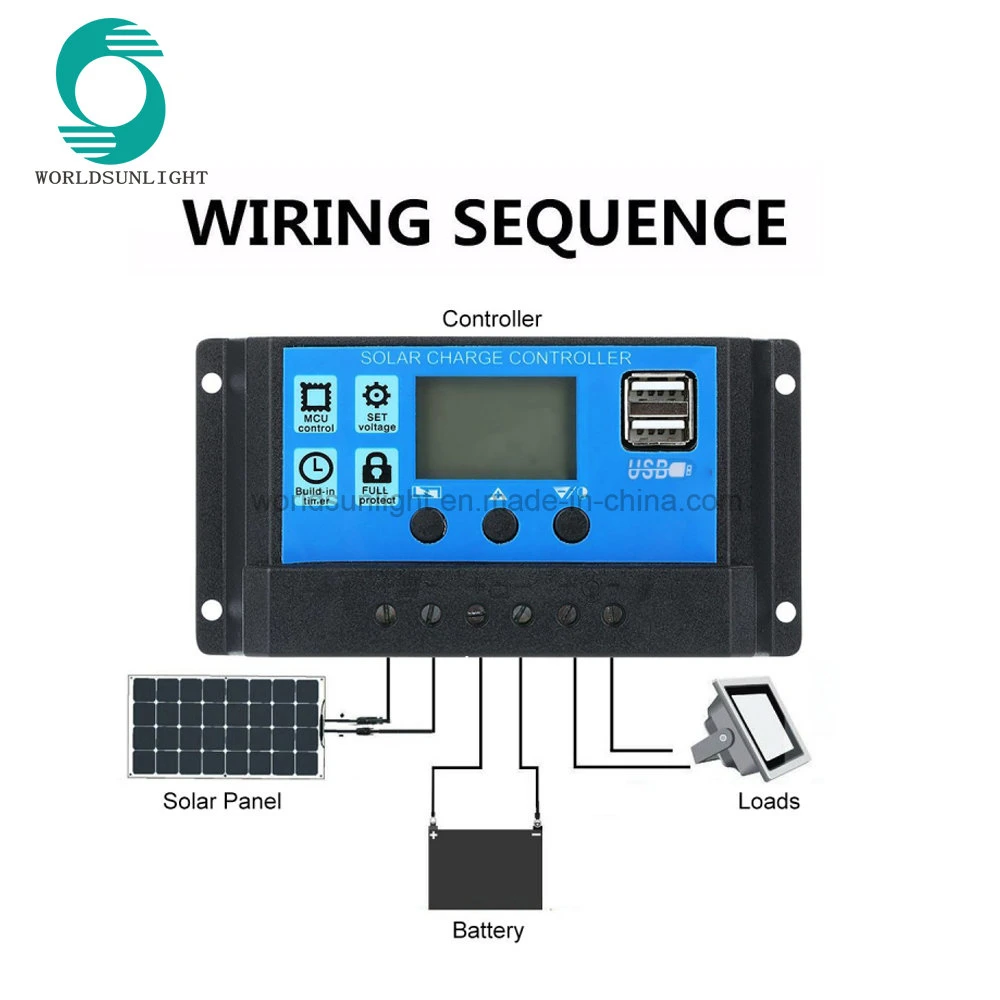 Wsscc-2 30A 12V 24V Dual USB 5V 3A Output Solar Panel Regulator LCD for Lead Acid Batteries PWM Solar Charger Controller