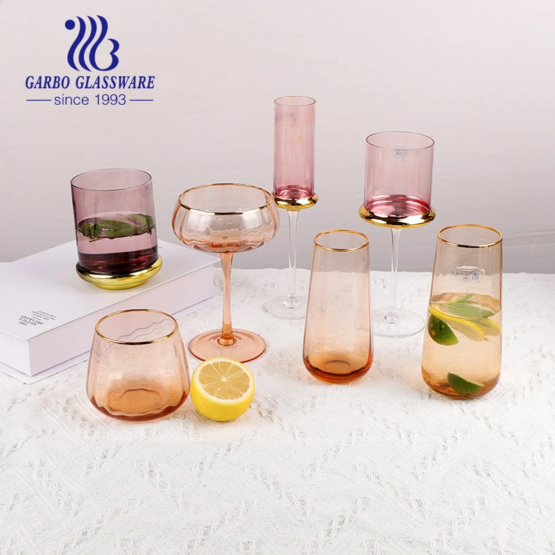 Long Shape Glass Cup with Gold Rim High-End Drinking Glassware Spraying Brown Color Handmade Juice Beverage Glass Tumbler
