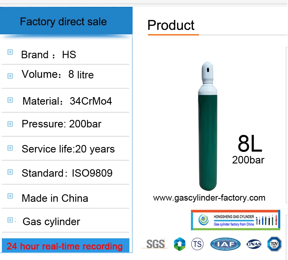 ISO165 cilindro de gas de acero sin costura de alta presión (8,0-200bar-8L)