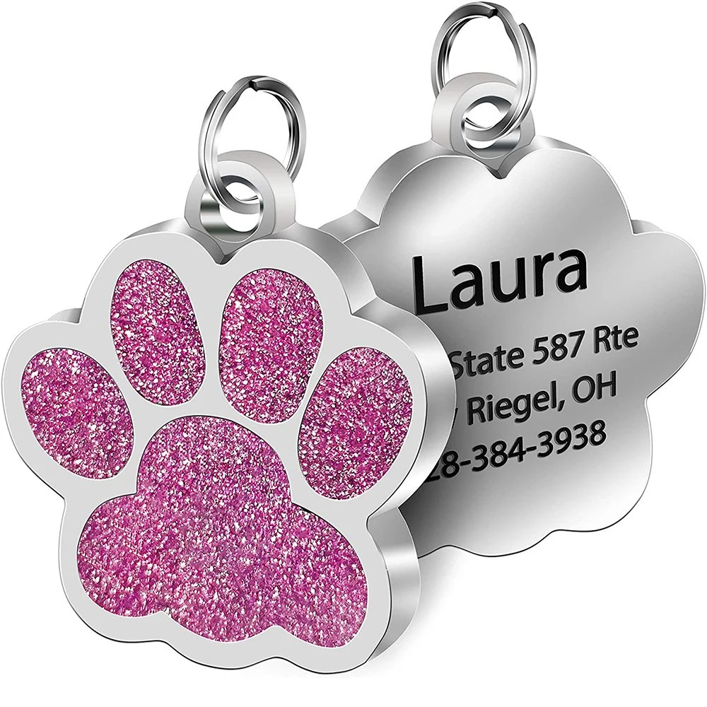 Custom Engraved Cute Glitter Dog Tag Paw Print Pet Tag Laser Etched Personalized Dog Name ID Tag Dog Pendanthot Sale Products