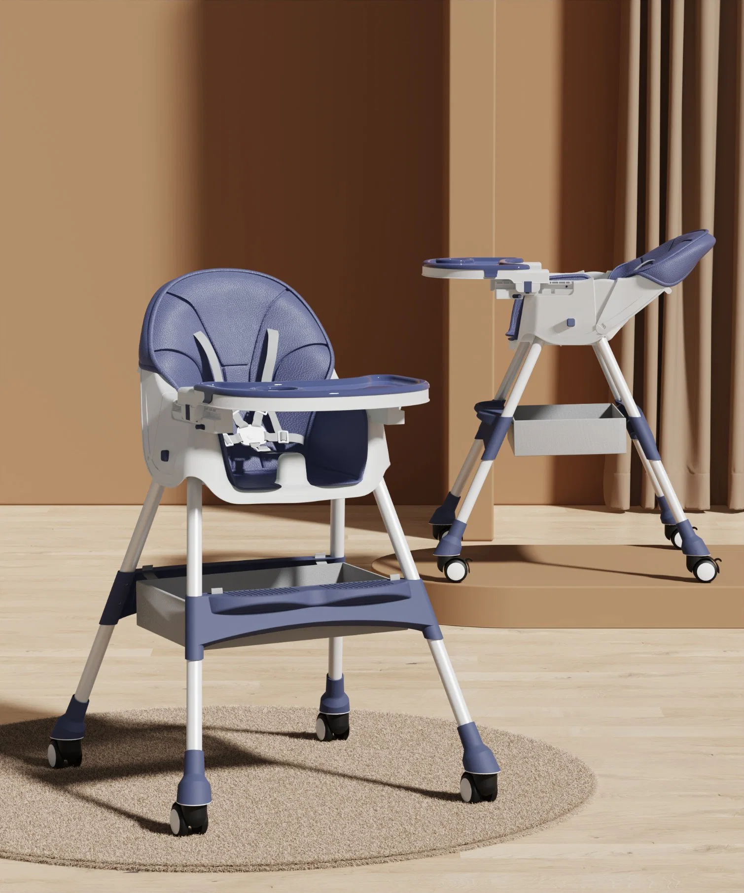 Cadeira de jantar Baby Home/Ajuste de vários intervalos/almofada PU/rodas de travão silencioso/Crianças portáteis Cadeira de jantar