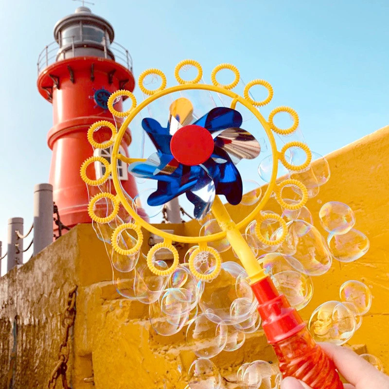 Juego al aire libre actividad Bubble Windmill niños Colorful Wand Jabón agua burbuja Ventilador de juguete