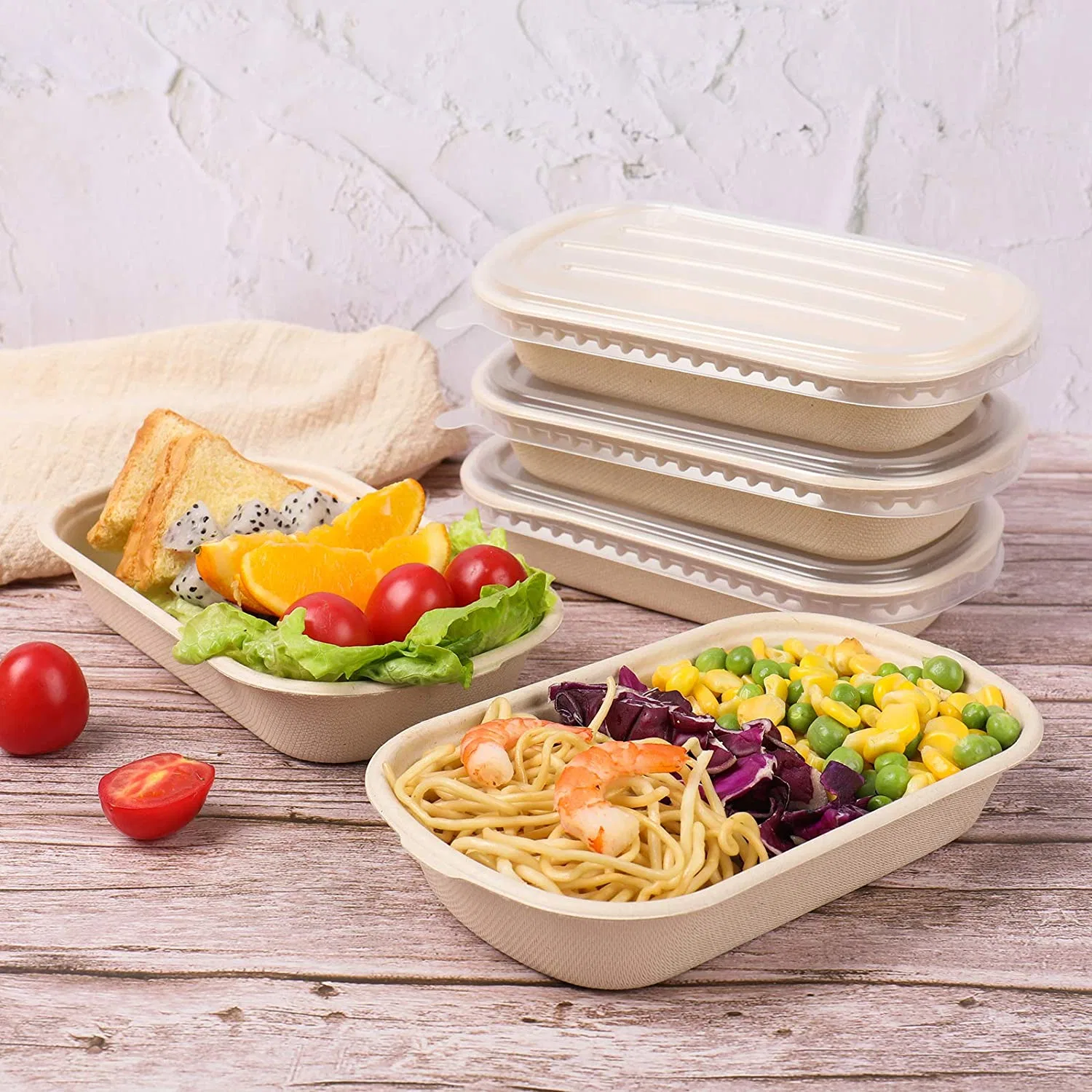 Una impresión personalizada de Venta caliente ecológicos desechables biodegradables envases de pasta de caña de azúcar de comida para llevar comida Lunch box comida contenedor fabricado en China