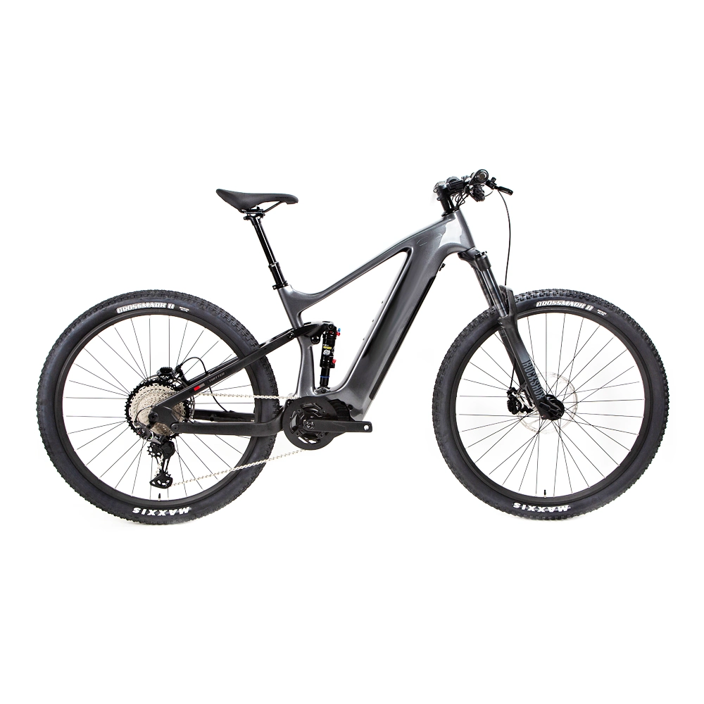 Vélo de montagne électrique à suspension intégrale Rockshox avec moteur central en fibre de carbone de 500W.