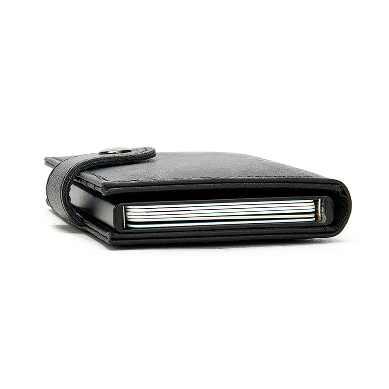 Black Leather Wallet RFID Blocking Aluminum Automatic Pop up Credit Card Holder