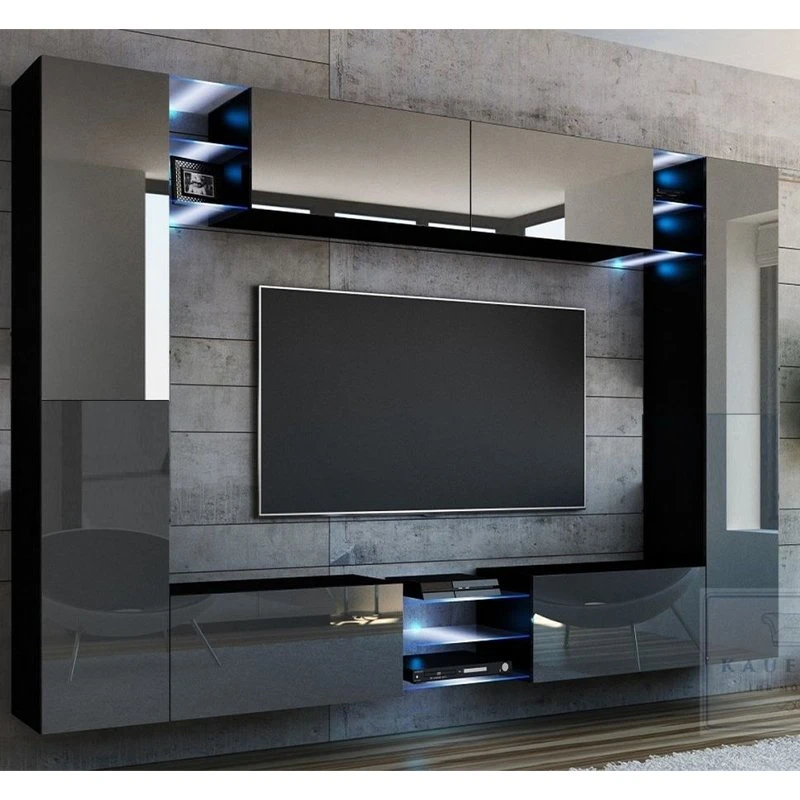 Meuble TV mural en bois moderne avec finition brillante et rangement intégré, équipé de lumières LED colorées.