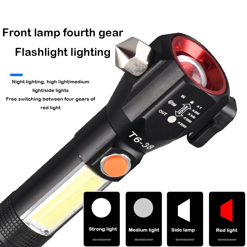 Security Emergency LED Rechargeable Tactical Flashlights Safety Hammer with COB Side Light