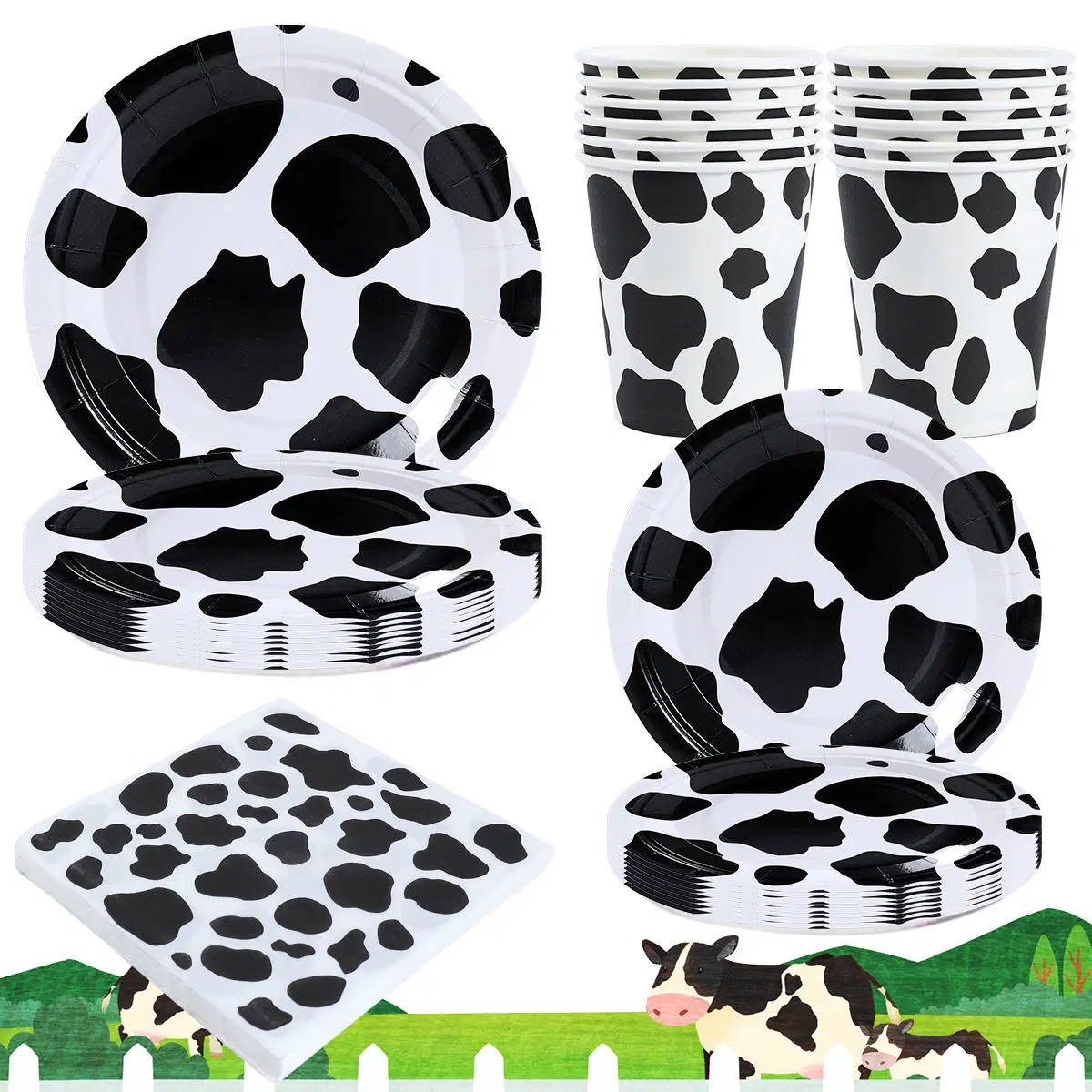 Black White Pattern Cow Themed Disposable Tableware Set Birthday Party Supplies