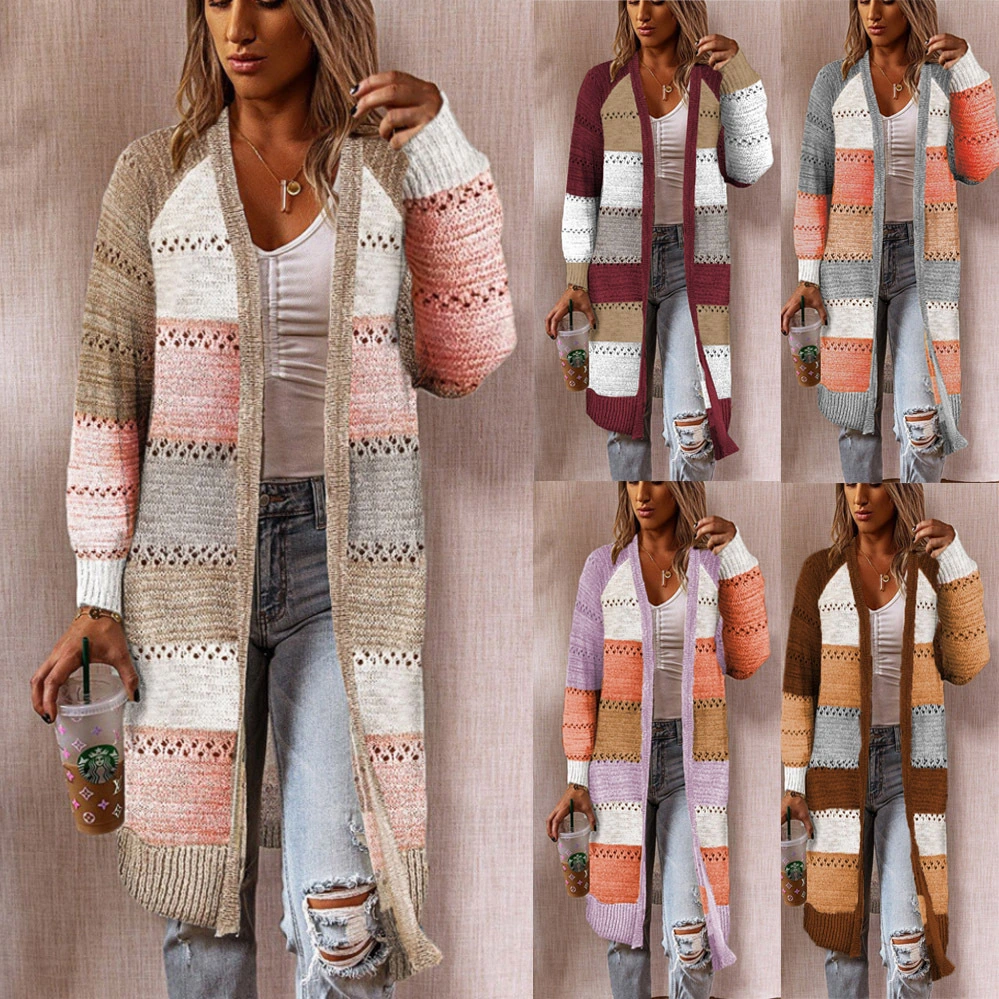 Nuevo diseño Otoño Invierno mujeres largo rayas extragrande Suéter de Cárdigan