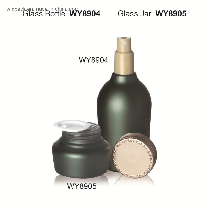 50ml 130ml Solid Green Color Glass Lotion Bottle 120ml with Shiny Gold Lotion Pump for Skincare