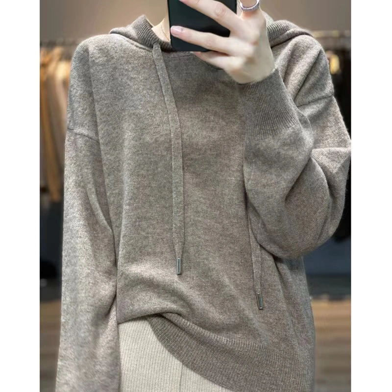 Pure Wool Plain Ladies Cashmere Hoodie Soft Women Sweater