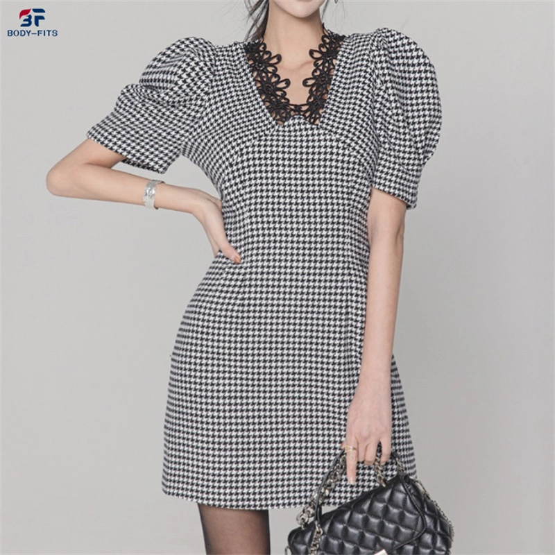 Ropa de mujeres de la primavera de Corea Slim con cuello en V de encaje cosido de moda vestidos de cintura Houndstooth