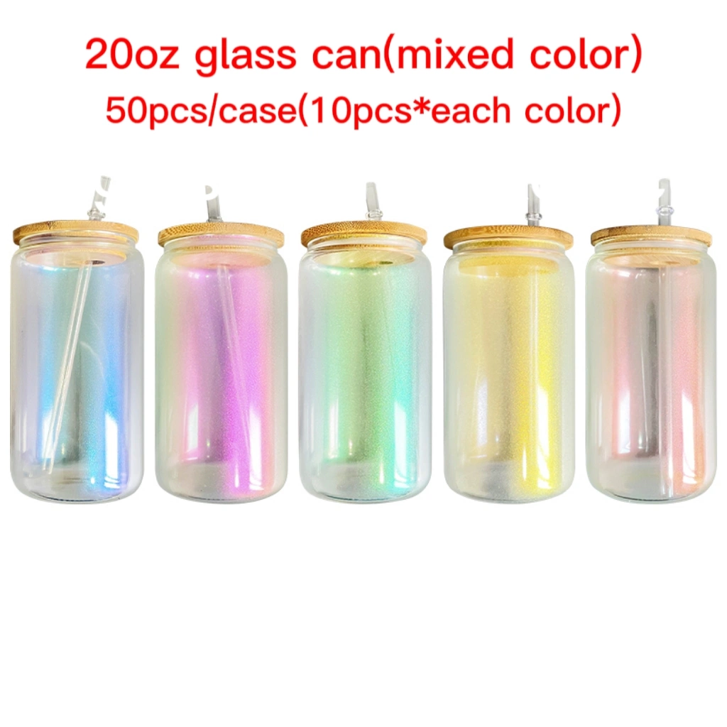 Sublimação de 20 ml adequada para vinil Rainbow Ombre Color glitter transparent Lata de vidro transparente para café com tampa de bambu e. Palha para impressão de bricolage