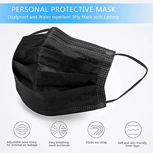 Black Kids Mask Black 3ply Disposable Non Woven Kids Adult Medical Face Mask