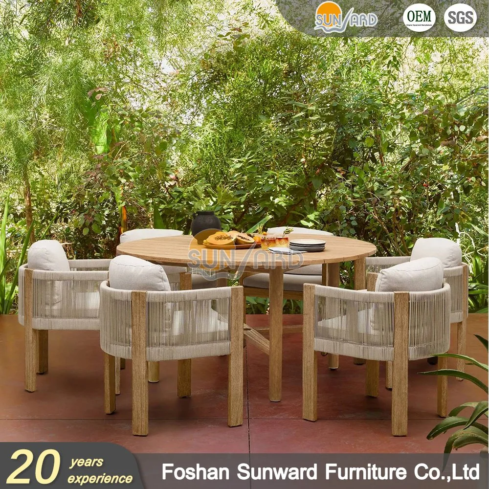 Customized Modern Outdoor Home Resort Hotel Restaurant Furniture Aluminum Teak Wood Rope Woven Dining Chairs and Table Set