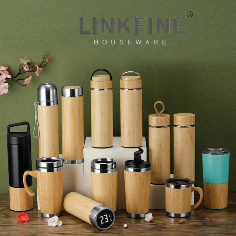 Linkfine Set of 2 Premium Bamboo/Colored Stainless-Steel Smart Thermal Mug with Infuser - Insulated Bamboo Tea Infuser Bottle for Tea, Travel Tumbler